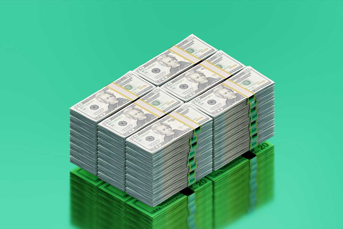 Conceptual image with stacks of 20 dollar bills on a green background