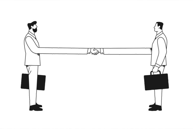 illustration of 2 men shaking hands, both with really long arms