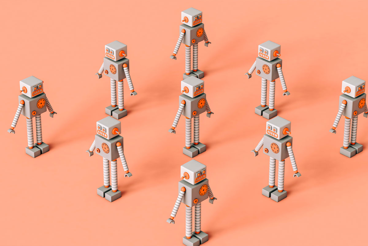 Mini robots on a pink background