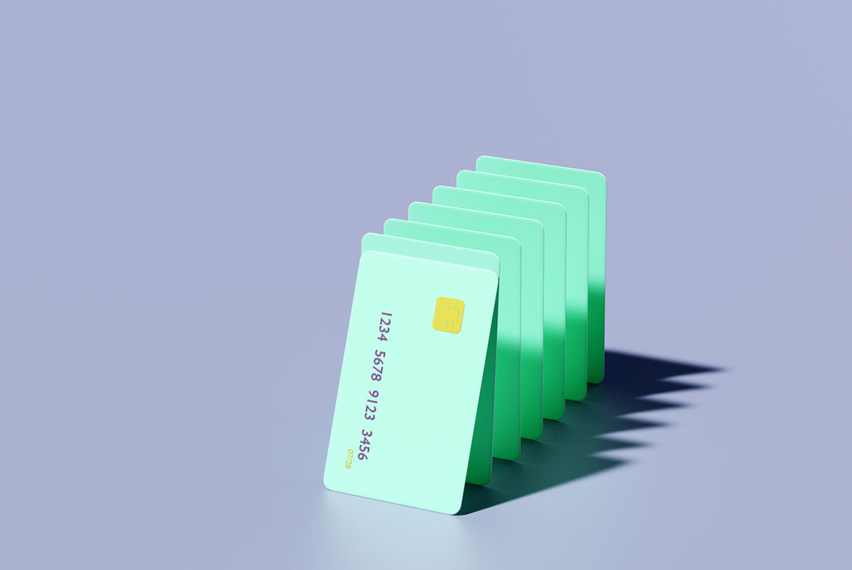 A conceptual image of multiple credit cards to imply multiple sources of debt.