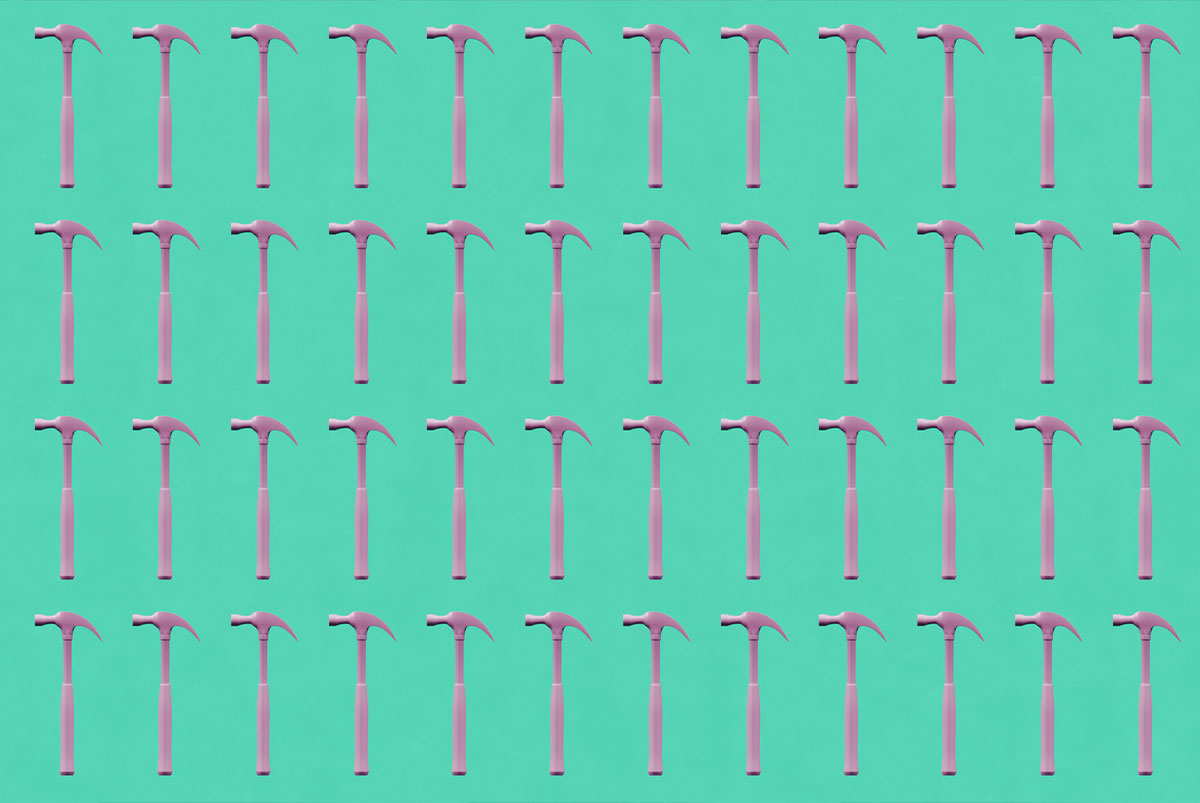 Four rows of hammers on a teal background.