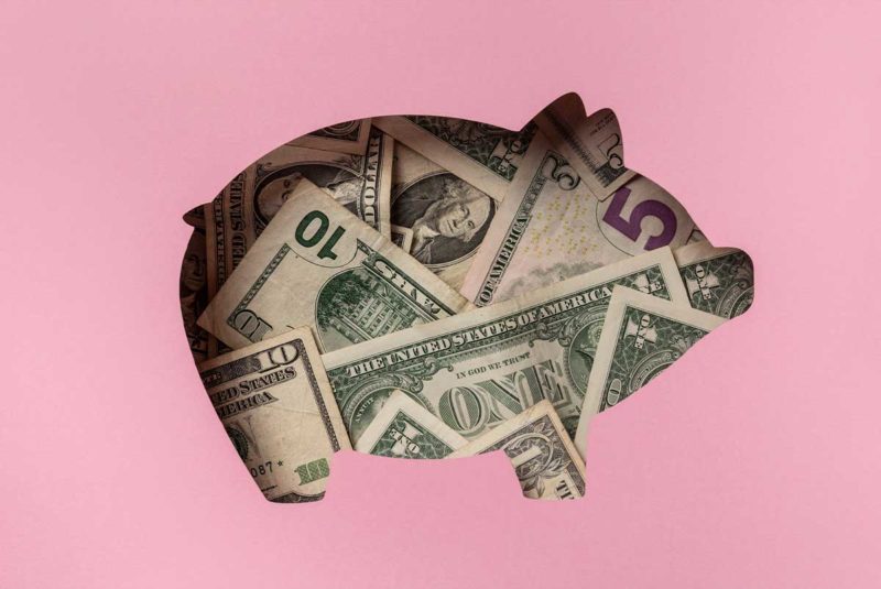 Pink background with pig-shaped cutout that resembles a piggy bank and is filled with cash.