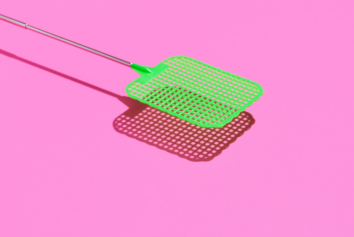 Green fly swatter on a pink background