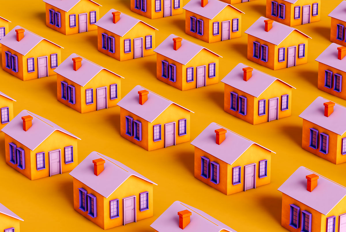 Rows of orange and pink houses